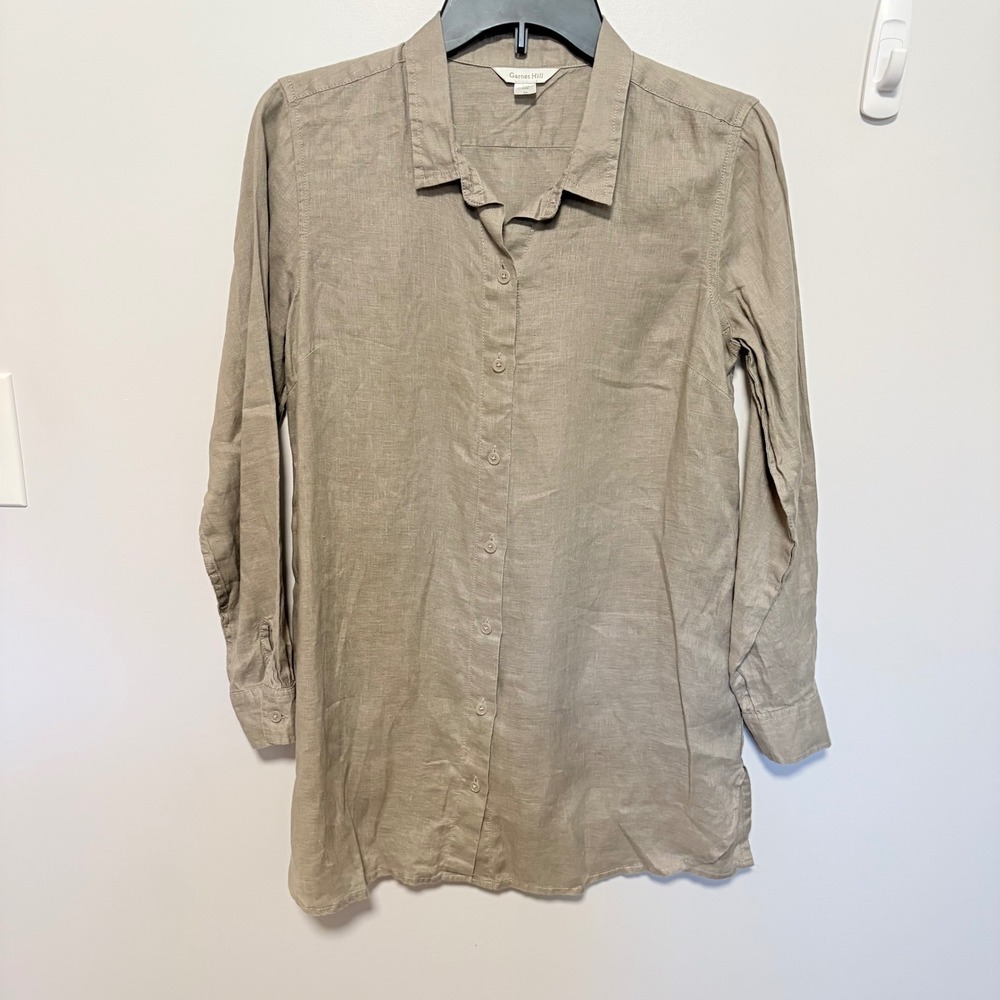 Garnet Hill Linen Button Down Tunic Women Taupe Size XS Long Sleeve Solid